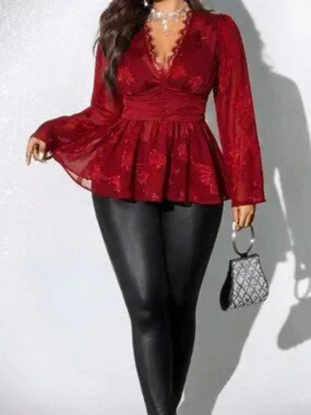 Burgundy Elegant Women's Plus Size Ruched V-Neck Long Sleeve Blouse